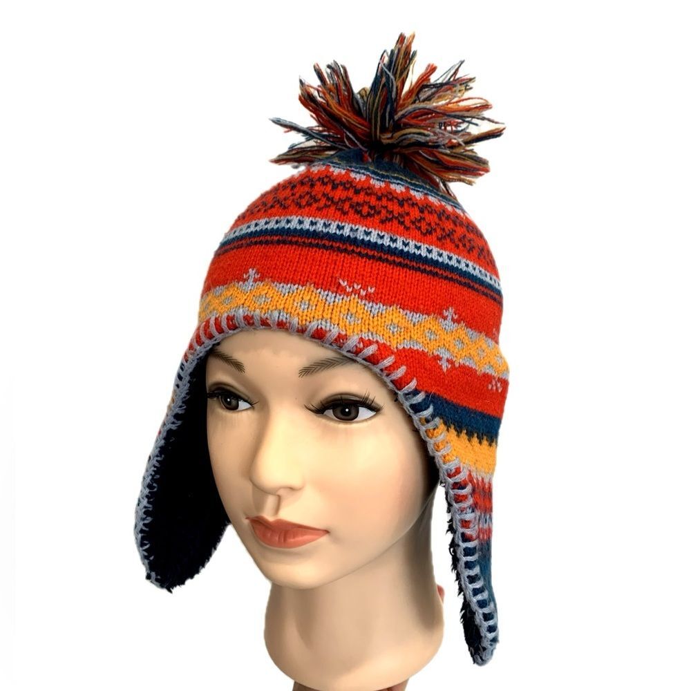 Sweater Knit Sherpa Lined Fair Isle Ear Flap Chullo Hat Unisex Youth Kids O/S
